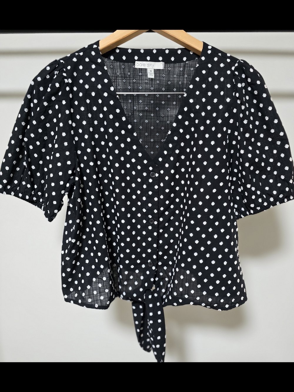 Pale Sky Black Polka Dot Tie-Front V-Neck Blouse